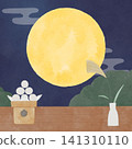 A watercolor-style frame depicting moon viewing, with the viewer gazing up at the full moon from a veranda. 141310110