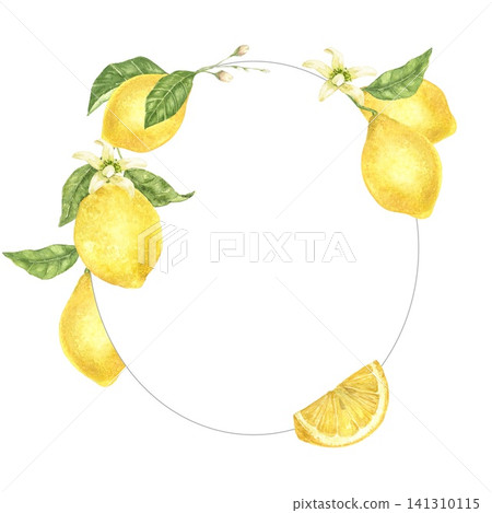 Watercolor oval frame with lemons, citrus blossoms and sliced lemon. Hand painted botanical composition for invitations, greeting cards, stationery, wedding and summer projects. Watercolor oval frame with lemons, citrus blossoms and sliced lemon. Hand painted botanical composition for invitations, greeting cards, stationery, wedding and summer projects. 141310115