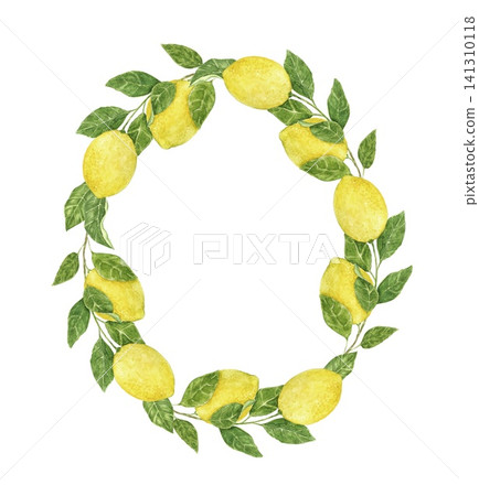 Watercolor lemon wreath with lush green leaves. Hand painted botanical frame for invitations, greeting cards, stationery, wedding and seasonal projects. Watercolor lemon wreath with lush green leaves. Hand painted botanical frame for invitations, greeting cards, stationery, wedding and seasonal projects. 141310118