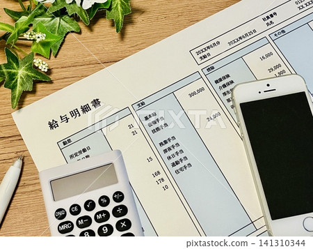 電子薪資單/薪資條、一台黑色計算器和一部智慧型手機 電子薪資單/薪資條、一台黑色計算器和一部智慧型手機 141310344