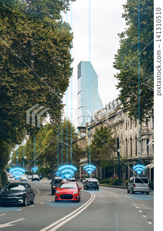 Surveillance technology tracks vehicles in a busy city street during daylight hours Surveillance technology tracks vehicles in a busy city street during daylight hours 141310510