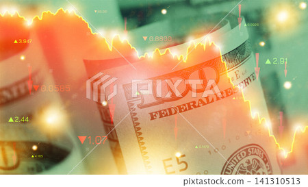 Money chart showing decline in value with dollar bills and market data indicators Money chart showing decline in value with dollar bills and market data indicators 141310513