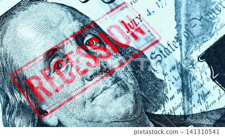 Chart shows money with a stamp indicating recession on a dollar bill Chart shows money with a stamp indicating recession on a dollar bill 141310541