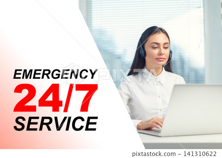 Emergency service response available 24 7 for urgent calls with a professional answering at a desk Emergency service response available 24 7 for urgent calls with a professional answering at a desk 141310622