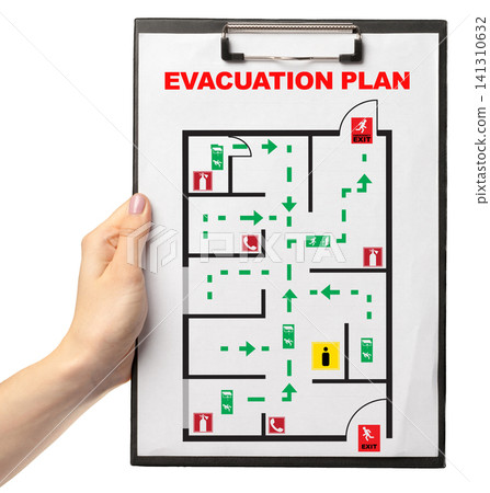 Emergency evacuation plan map showing routes and exits for safety procedures in a building Emergency evacuation plan map showing routes and exits for safety procedures in a building 141310632