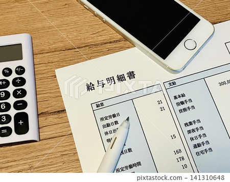 Pay slip + smartphone, calculator Pay slip + smartphone, calculator 141310648