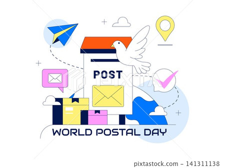 World Postal Day Illustration Featuring Global Mail Delivery, Postal Service, Letters, Parcel Shipping, Communication Network, and Courier System World Postal Day Illustration Featuring Global Mail Delivery, Postal Service, Letters, Parcel Shipping, Communication Network, and Courier System 141311138