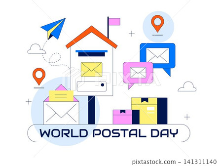 World Postal Day Illustration Featuring Global Mail Delivery, Postal Service, Letters, Parcel Shipping, Communication Network, and Courier System World Postal Day Illustration Featuring Global Mail Delivery, Postal Service, Letters, Parcel Shipping, Communication Network, and Courier System 141311140