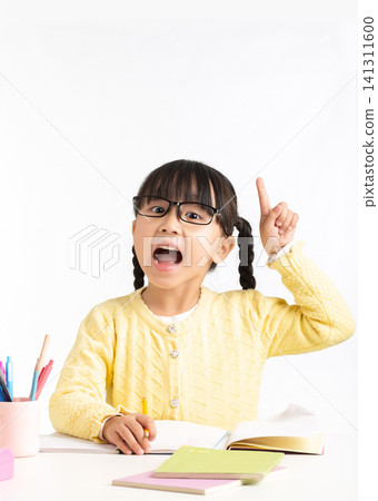 Asian schoolgirl showing various emotions while doing homework, feeling confused, inspired, and excited. 141311600