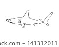 Hand-drawn line art illustration of a hammerhead shark, side view, white background. 141312011