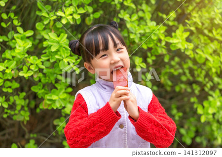 a happy little girl in a red sweater and purple vest eats an ice cream. 141312097