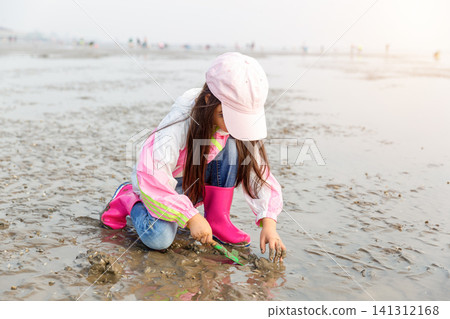 Little girl crouching on a muddy beach at low tide, clam digging with a blue net and shovel. Little girl crouching on a muddy beach at low tide, clam digging with a blue net and shovel. 141312168
