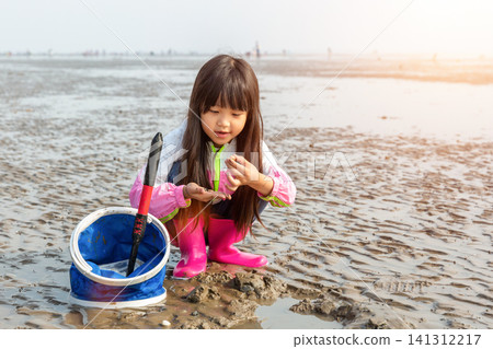 Little girl sitting on her heels on a mudflat, holding mud in her hands with a blue net nearby. 141312217