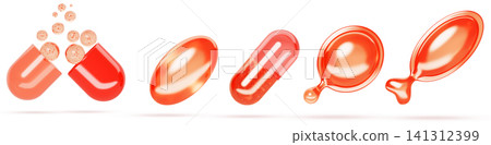 Red softgel capsules 3d render icon set. Hair vitamin gel serum, iron, omega 3, fish oil, food supplements. Render realistic of round, oval and open pills with liquid medicine bubbles. 3D illustration Red softgel capsules 3d render icon set. Hair vitamin gel serum, iron, omega 3, fish oil, food supplements. Render realistic of round, oval and open pills with liquid medicine bubbles. 3D illustration 141312399