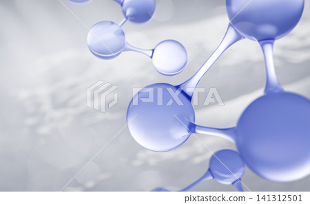 Blue molecules floating in clear liquid on light 3d background. Bio cosmetic, genetic beauty lab, biotech skincare. Hyaluronic acid serum with peptide, aqua moisture gel cream spheres. 3D illustration Blue molecules floating in clear liquid on light 3d background. Bio cosmetic, genetic beauty lab, biotech skincare. Hyaluronic acid serum with peptide, aqua moisture gel cream spheres. 3D illustration 141312501