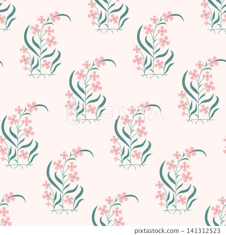Chic buta seamless pattern with pink spring flowers and green leaves, delicate indian floral motif flat vector illustration for summer fashion fabric and branding Chic buta seamless pattern with pink spring flowers and green leaves, delicate indian floral motif flat vector illustration for summer fashion fabric and branding 141312523