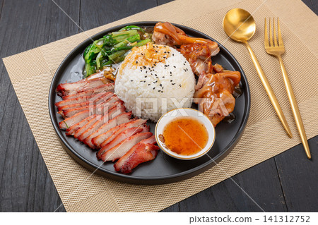 chinese style combo meal of braised pork trotter and BBQ pork char siu with rice. chinese style combo meal of braised pork trotter and BBQ pork char siu with rice. 141312752
