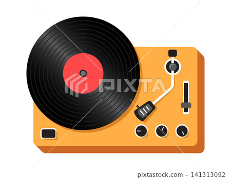 Record player icon in flat style. Vintage vinyl disc gramophone vector illustration on isolated background. DJ equipment sign business concept. Record player icon in flat style. Vintage vinyl disc gramophone vector illustration on isolated background. DJ equipment sign business concept. 141313092
