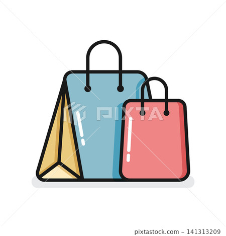 Shopping bag icon in flat colorful style. Paper packet vector illustration on isolated background. Retail packaging sign business concept. Shopping bag icon in flat colorful style. Paper packet vector illustration on isolated background. Retail packaging sign business concept. 141313209
