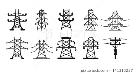 Power tower icon set collection in flat style. High voltage vector illustration on isolated background. Electrical construction sign business concept. 141313237