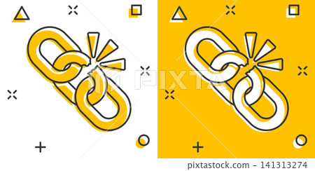 Broken chain sign icon in comic style. Disconnect link vector cartoon illustration on white isolated background. Detach business concept splash effect. 141313274