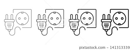 Electric sockets icon set collection in outline stroke flat style. Electricity plug vector illustration on isolated background. Voltage cable sign business concept. Electric sockets icon set collection in outline stroke flat style. Electricity plug vector illustration on isolated background. Voltage cable sign business concept. 141313339