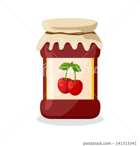 Cherry jam in glass jar icon in flat style. Sweet food vector illustration on isolated background. Fruits berries dessert sign business concept. Cherry jam in glass jar icon in flat style. Sweet food vector illustration on isolated background. Fruits berries dessert sign business concept. 141313341