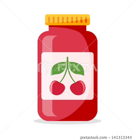 Cherry jam in glass jar icon in flat style. Sweet food vector illustration on isolated background. Fruits berries dessert sign business concept. Cherry jam in glass jar icon in flat style. Sweet food vector illustration on isolated background. Fruits berries dessert sign business concept. 141313343
