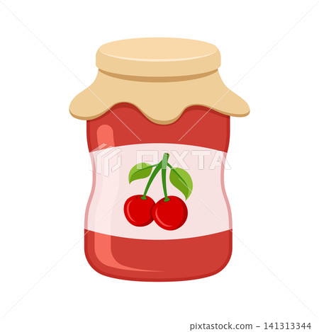 Cherry jam in glass jar icon in flat style. Sweet food vector illustration on isolated background. Fruits berries dessert sign business concept. Cherry jam in glass jar icon in flat style. Sweet food vector illustration on isolated background. Fruits berries dessert sign business concept. 141313344