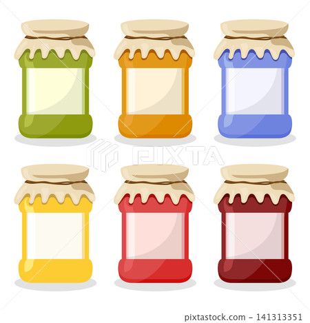 Cherry, strawberry, pear jam in glass jar icon set collection in flat style. Orange, blueberry, apple sweet food vector illustration on isolated background. Peach, raspberry, apricot, plum dessert 141313351