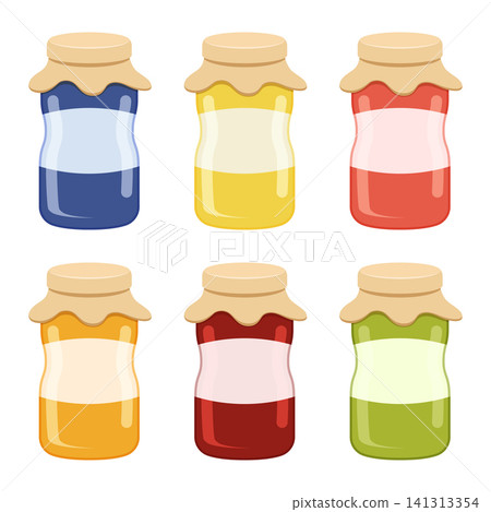 Cherry, strawberry, pear jam in glass jar icon set collection in flat style. Orange, blueberry, apple sweet food vector illustration on isolated background. Peach, raspberry, apricot, plum dessert Cherry, strawberry, pear jam in glass jar icon set collection in flat style. Orange, blueberry, apple sweet food vector illustration on isolated background. Peach, raspberry, apricot, plum dessert 141313354