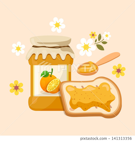Orange jam in glass jar with bread toast icon in flat style. Breakfast sweet food vector illustration on isolated background. Fruits berries dessert sign business concept. Orange jam in glass jar with bread toast icon in flat style. Breakfast sweet food vector illustration on isolated background. Fruits berries dessert sign business concept. 141313356