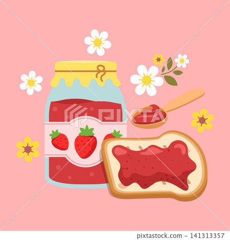 Strawberry jam in glass jar with bread toast icon in flat style. Breakfast sweet food vector illustration on isolated background. Fruits berries dessert sign business concept. Strawberry jam in glass jar with bread toast icon in flat style. Breakfast sweet food vector illustration on isolated background. Fruits berries dessert sign business concept. 141313357