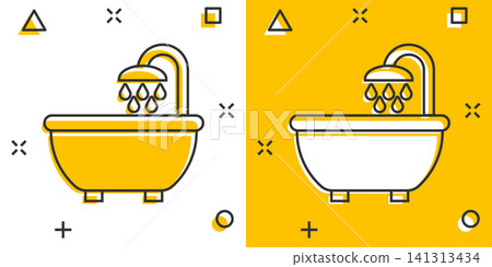 Bath shower icon in comic style. Bathroom hygiene vector cartoon illustration pictogram. Bath spa business concept splash effect. 141313434