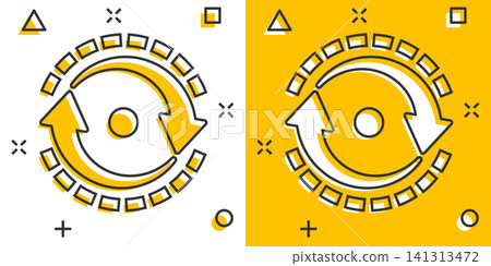 Oval with arrows icon in comic style. Consistency repeat vector cartoon illustration on white isolated background. Reload rotation business concept splash effect. Oval with arrows icon in comic style. Consistency repeat vector cartoon illustration on white isolated background. Reload rotation business concept splash effect. 141313472