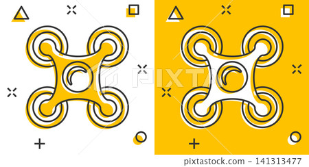 Drone quadrocopter icon in comic style. Quadcopter camera vector cartoon illustration on white isolated background. Helicopter flight business concept splash effect. Drone quadrocopter icon in comic style. Quadcopter camera vector cartoon illustration on white isolated background. Helicopter flight business concept splash effect. 141313477