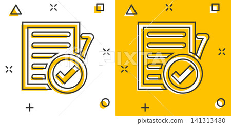 Compliance document icon in comic style. Approved process vector cartoon illustration on white isolated background. Checkmark business concept splash effect. Compliance document icon in comic style. Approved process vector cartoon illustration on white isolated background. Checkmark business concept splash effect. 141313480