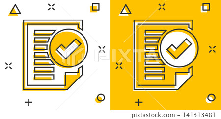 Compliance document icon in comic style. Approved process vector cartoon illustration on white isolated background. Checkmark business concept splash effect. Compliance document icon in comic style. Approved process vector cartoon illustration on white isolated background. Checkmark business concept splash effect. 141313481