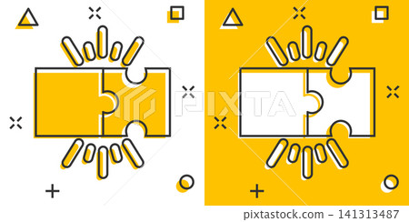 Puzzle compatible icon in comic style. Jigsaw agreement vector cartoon illustration on white isolated background. Cooperation solution business concept splash effect. Puzzle compatible icon in comic style. Jigsaw agreement vector cartoon illustration on white isolated background. Cooperation solution business concept splash effect. 141313487