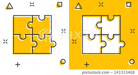 Puzzle compatible icon in comic style. Jigsaw agreement vector cartoon illustration on white isolated background. Cooperation solution business concept splash effect. 141313488