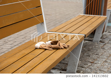 A pair of brown winter gloves with warm lining rests on a wooden park bench, evoking feelings of a forgotten item in a quiet outdoor urban setting during a chilly autumnal season 141313602