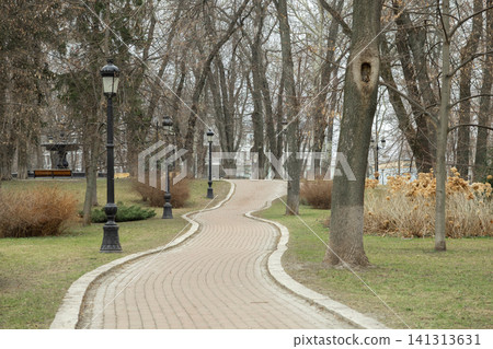 A winding paved walkway curves through a tranquil autumn park, flanked by tall bare trees and ornate iron street lamps, creating a peaceful scene for quiet urban leisure and walks 141313631