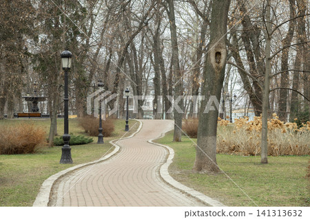 A winding cobblestone walkway meanders through an autumn park with bare trees, black vintage lampposts, and a soft overcast sky, creating a serene atmosphere for peaceful strolls A winding cobblestone walkway meanders through an autumn park with bare trees, black vintage lampposts, and a soft overcast sky, creating a serene atmosphere for peaceful strolls 141313632