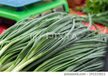 Fresh organic green onion stalks with morning dew sitting on a market stall, providing a natural healthy lifestyle concept with vivid botanical textures and vibrant culinary style Fresh organic green onion stalks with morning dew sitting on a market stall, providing a natural healthy lifestyle concept with vivid botanical textures and vibrant culinary style 141313811
