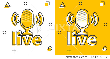 Microphone icon in comic style. Live broadcast vector cartoon illustration on white isolated background. Sound record business concept splash effect. Microphone icon in comic style. Live broadcast vector cartoon illustration on white isolated background. Sound record business concept splash effect. 141314197