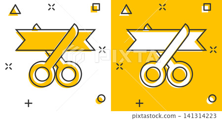 Scissors icon in comic style. Cutting ribbon vector cartoon illustration on white isolated background. Ceremonial business concept splash effect. Scissors icon in comic style. Cutting ribbon vector cartoon illustration on white isolated background. Ceremonial business concept splash effect. 141314223