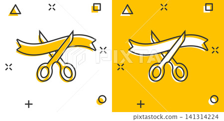 Scissors icon in comic style. Cutting ribbon vector cartoon illustration on white isolated background. Ceremonial business concept splash effect. Scissors icon in comic style. Cutting ribbon vector cartoon illustration on white isolated background. Ceremonial business concept splash effect. 141314224
