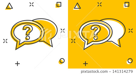 Question mark icon in comic style. Discussion speech bubble vector cartoon illustration pictogram. Question business concept splash effect. Question mark icon in comic style. Discussion speech bubble vector cartoon illustration pictogram. Question business concept splash effect. 141314279