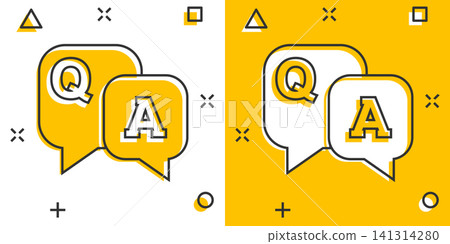 Question and answer icon in comic style. Discussion speech bubble vector cartoon illustration pictogram. Question, answer business concept splash effect. Question and answer icon in comic style. Discussion speech bubble vector cartoon illustration pictogram. Question, answer business concept splash effect. 141314280