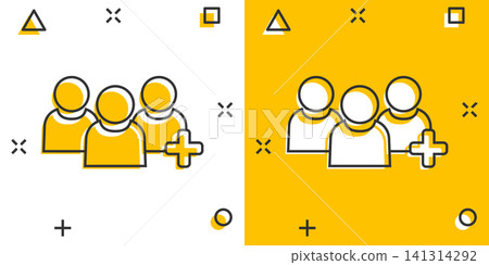 People communication user profile icon in comic style. People with plus sign vector cartoon illustration pictogram. Partnership business concept splash effect. People communication user profile icon in comic style. People with plus sign vector cartoon illustration pictogram. Partnership business concept splash effect. 141314292